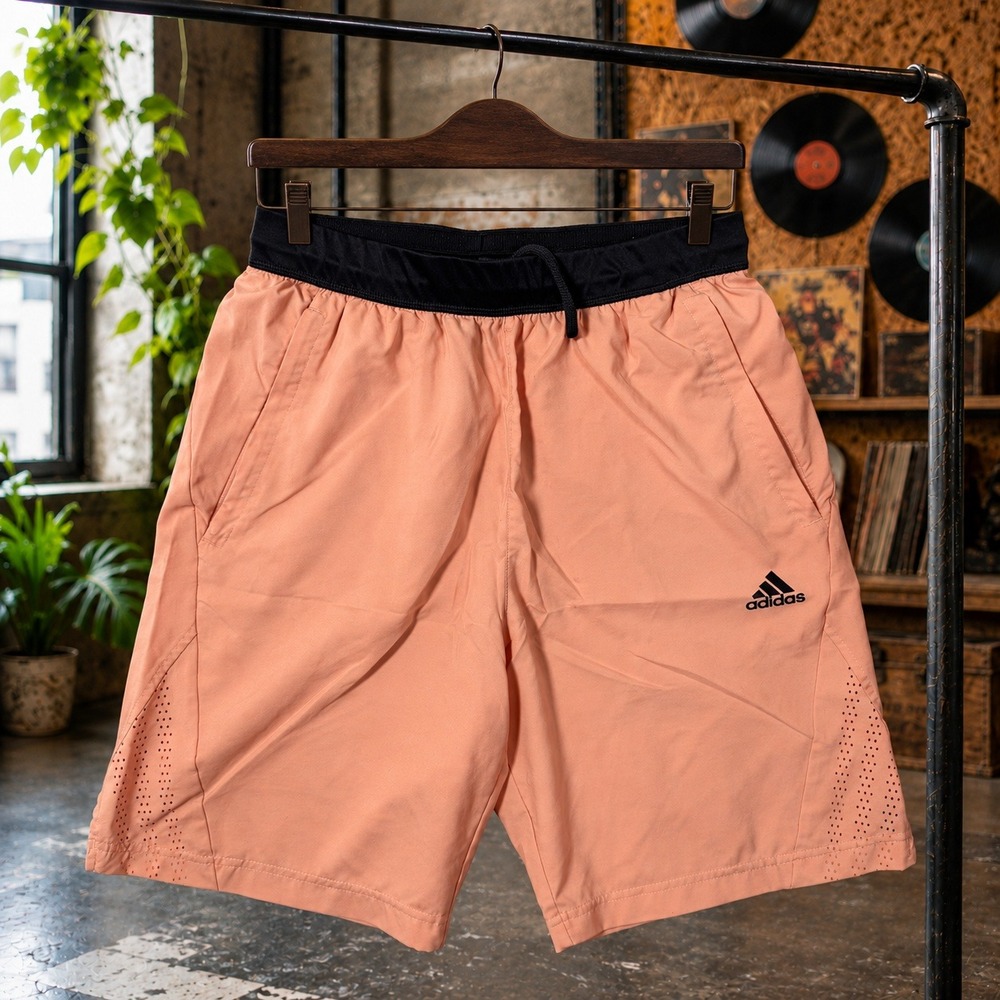 Adidas Mens Performance Athletic Shorts Peach Pink Black Trim Logo Sportswear
